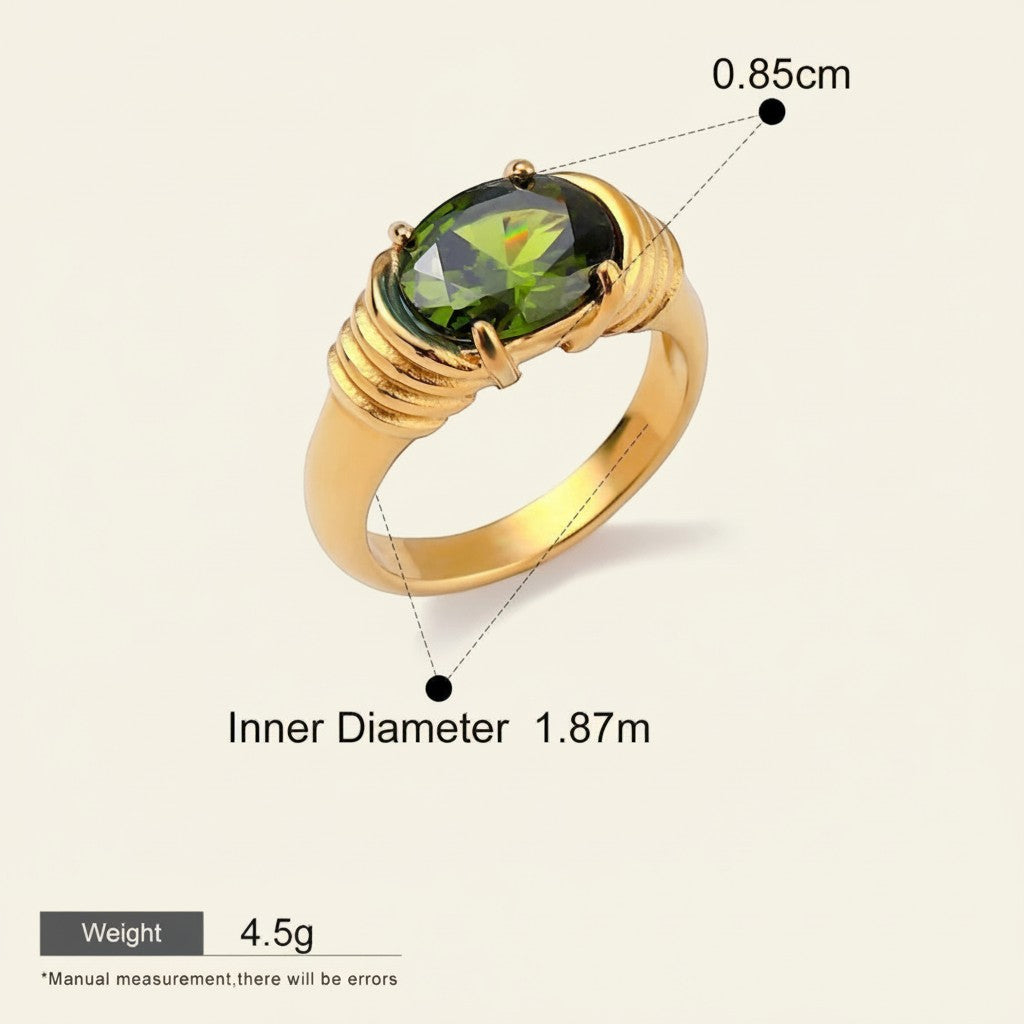 Seraphina Treasures Meliora gold ring with oval green gemstone, ribbed band, waterproof and hypoallergenic.