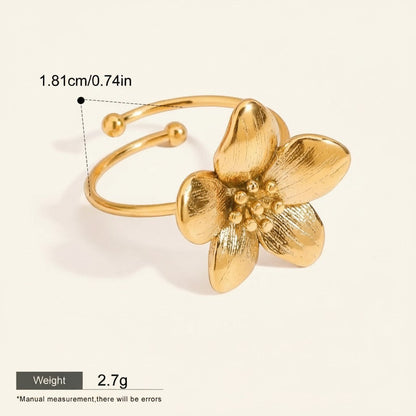 Seraphina Treasures Nerium gold floral open band ring, hypoallergenic and waterproof.