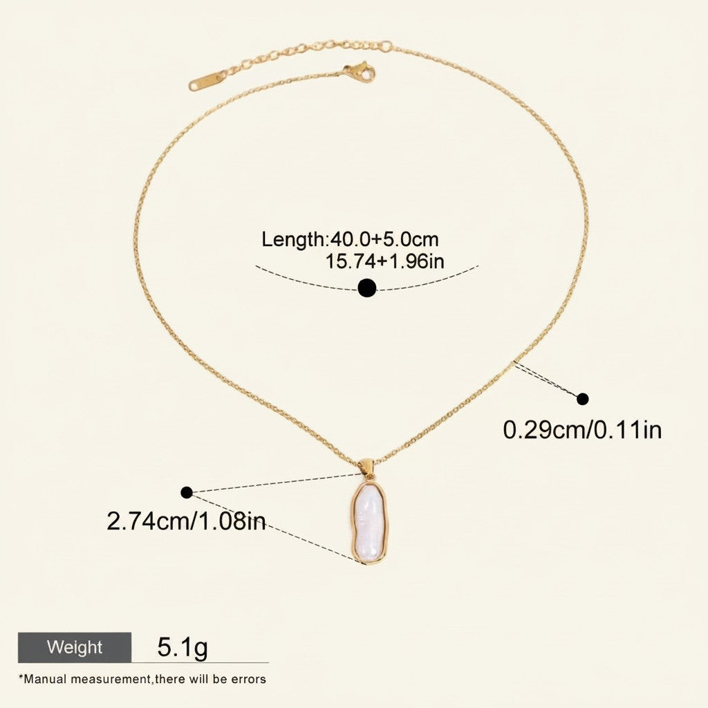 Seraphina Treasures Nerys necklace with a gold chain and a single, irregular white pearl pendant. Features adjustable length.