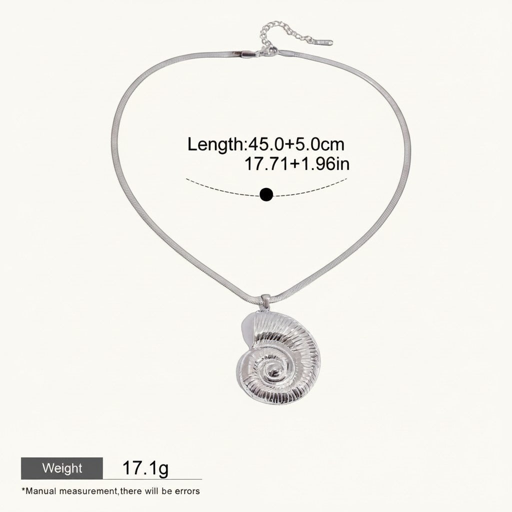 Seraphina Treasures Nymeris silver-tone ammonite shell pendant necklace with adjustable length.
