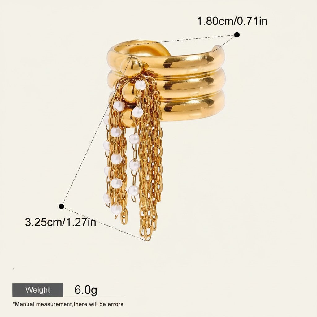 Seraphina Treasures Nyssa gold ring with faux pearl tassel chain detail. Adjustable opening.