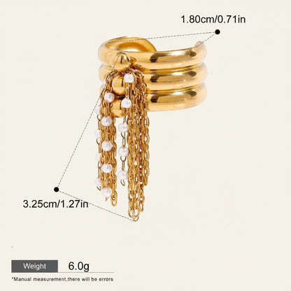 Seraphina Treasures Nyssa gold ring with faux pearl tassel chain detail. Adjustable opening.