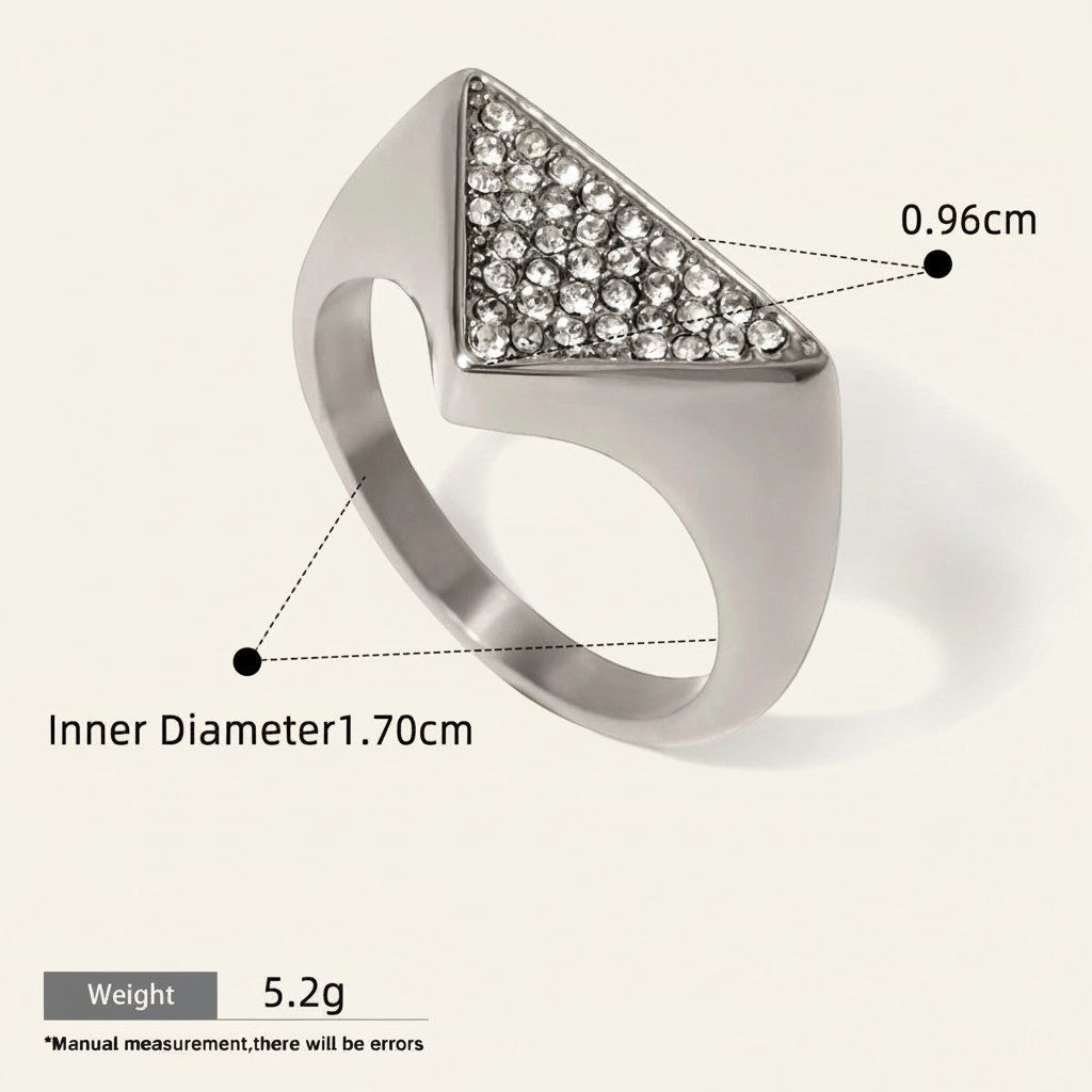 Seraphina Treasures Olyra ring, silver-tone metal with a triangular face encrusted with clear rhinestones. Waterproof and hypoallergenic.