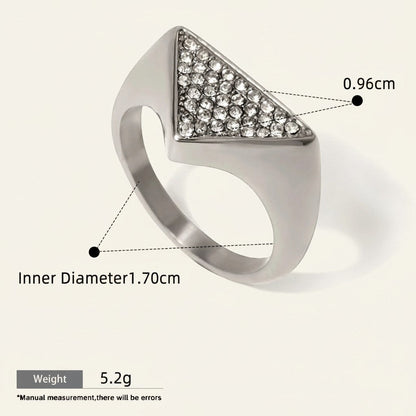 Seraphina Treasures Olyra ring, silver-tone metal with a triangular face encrusted with clear rhinestones. Waterproof and hypoallergenic.