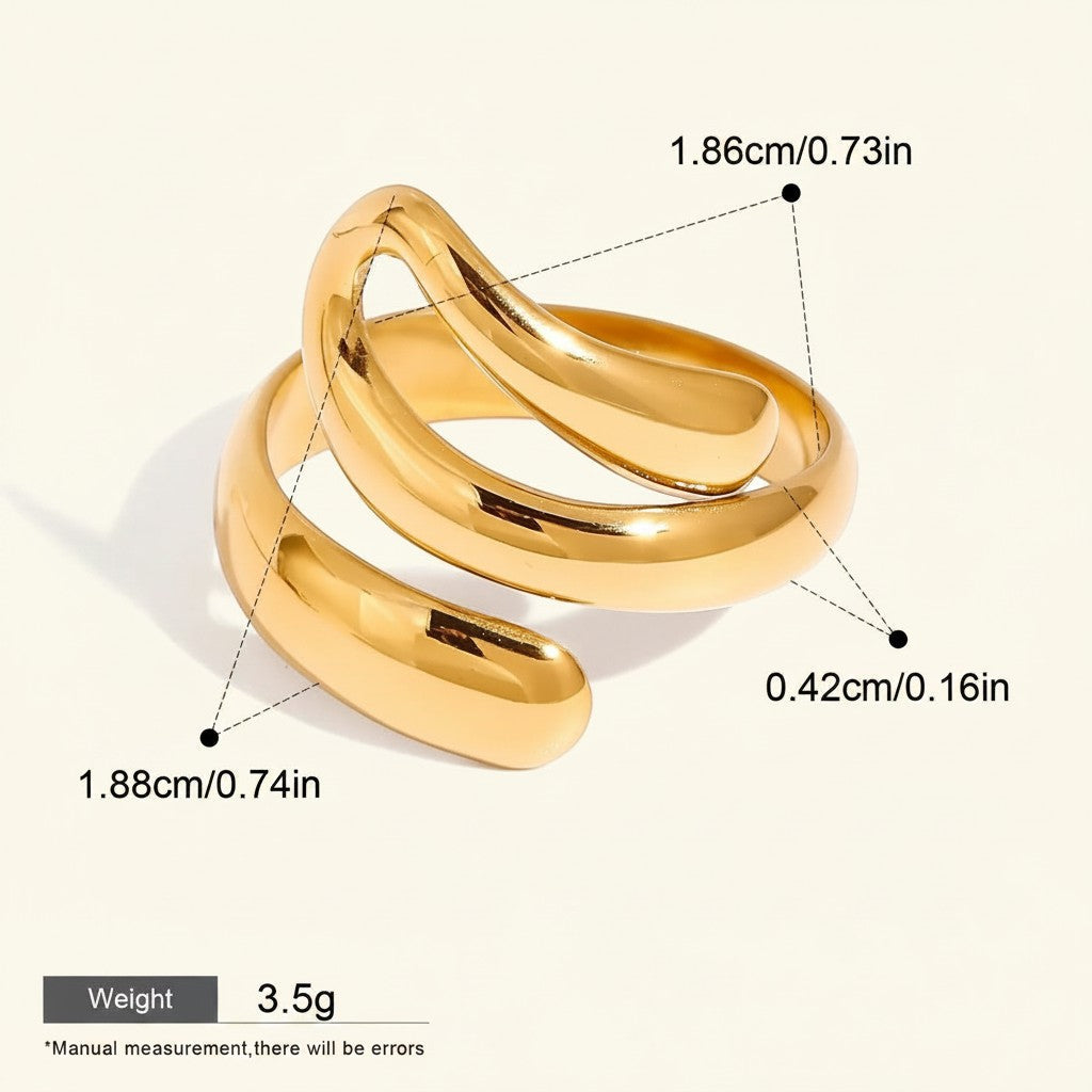Seraphina Treasures Ondara gold-tone stainless steel ring with a hollow, coiled design. Waterproof and hypoallergenic.