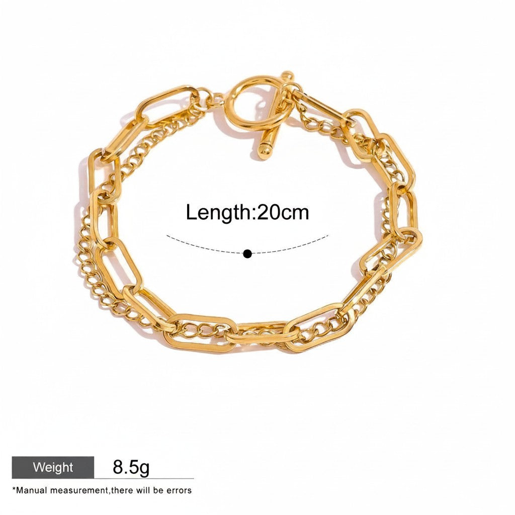 Seraphina Treasures Rhea gold layered chain bracelet with toggle clasp, 20cm length, waterproof and hypoallergenic.