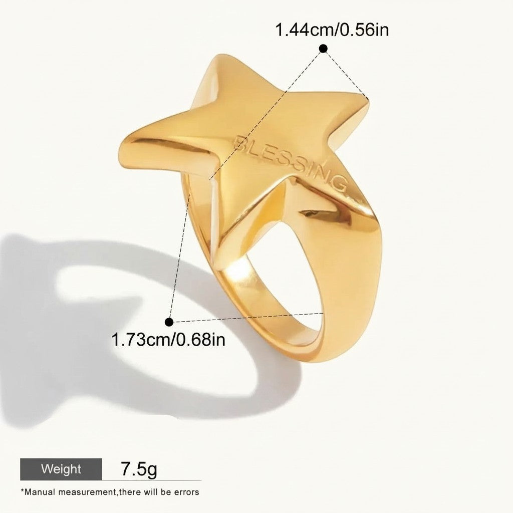 Seraphina Treasures Selora gold star ring engraved with BLESSING. Geometric design, waterproof, hypoallergenic.