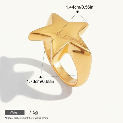 Seraphina Treasures Selora gold star ring engraved with BLESSING. Geometric design, waterproof, hypoallergenic.