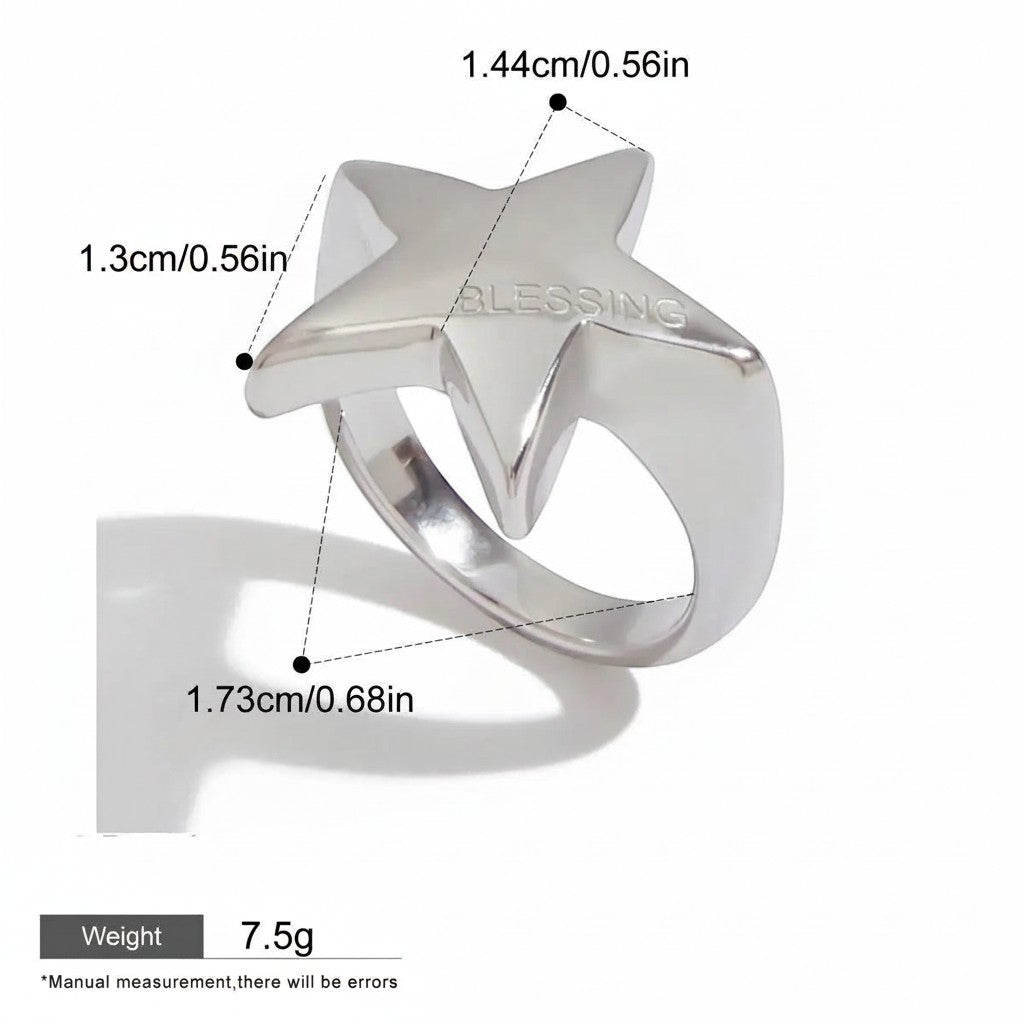 Seraphina Treasures Selora silver star ring engraved with BLESSING. Waterproof and hypoallergenic.