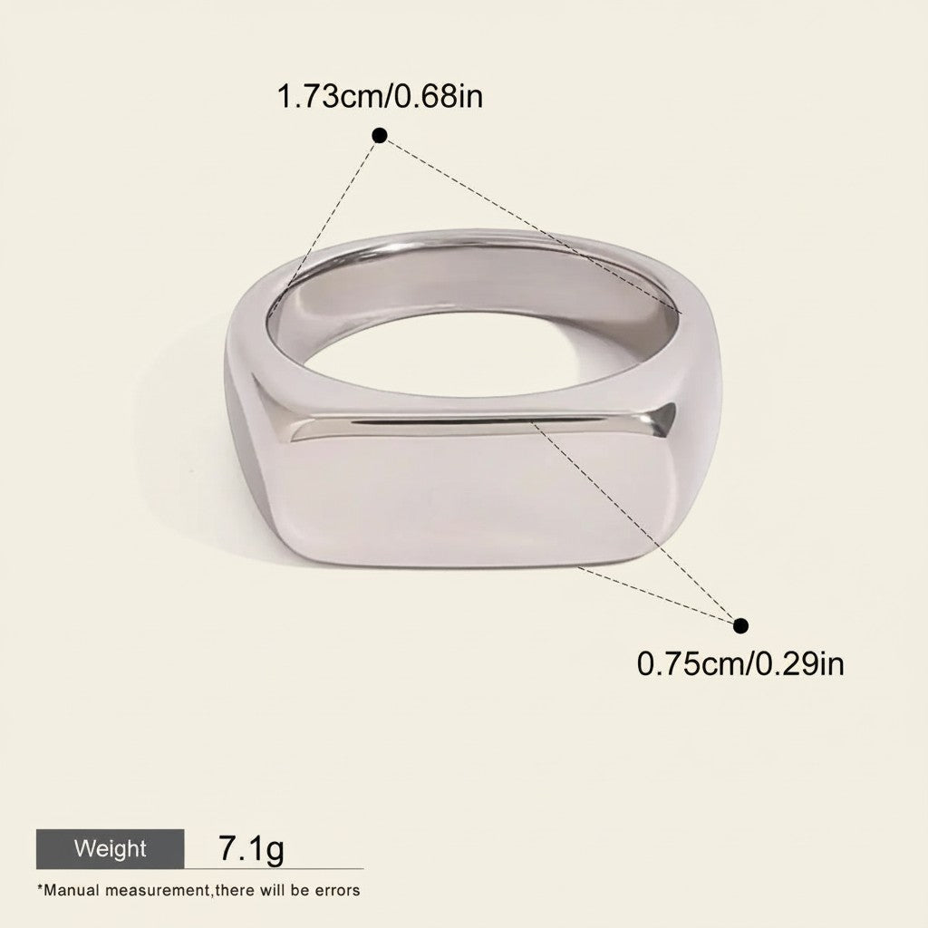 Seraphina Treasures Thalora silver-tone stainless steel signet ring with a smooth, geometric design. Waterproof and hypoallergenic.