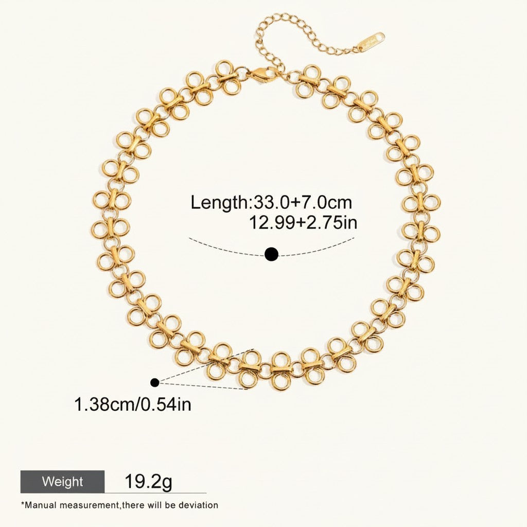 Seraphina Treasures Sorcha gold-tone necklace with a hollow clover-like link design and adjustable chain.