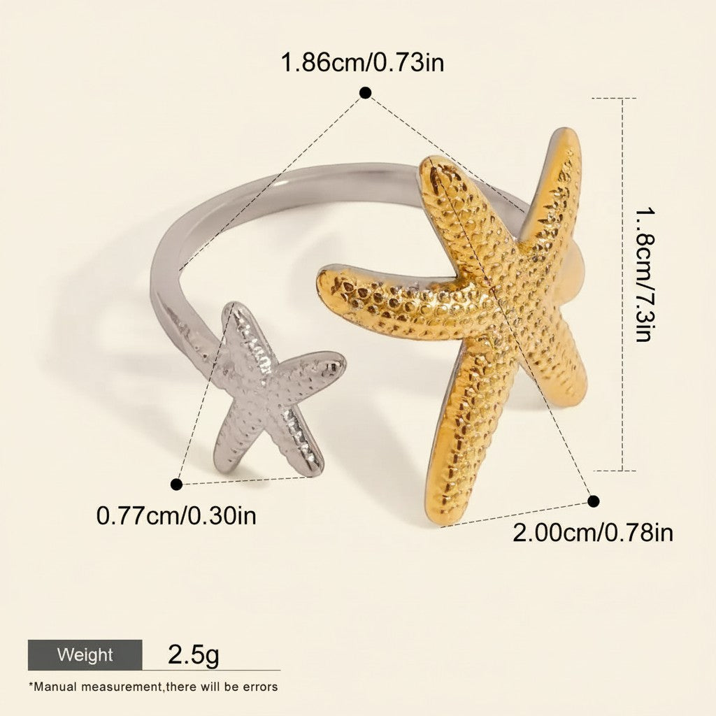 Seraphina Treasures Elysia open ring with two starfish, one gold and one silver, adjustable fit.