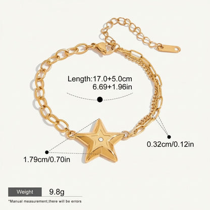 Seraphina Treasures Stellaris gold-tone bracelet with a central star charm adorned with a white zircon. Features a double chain design and adjustable clasp.