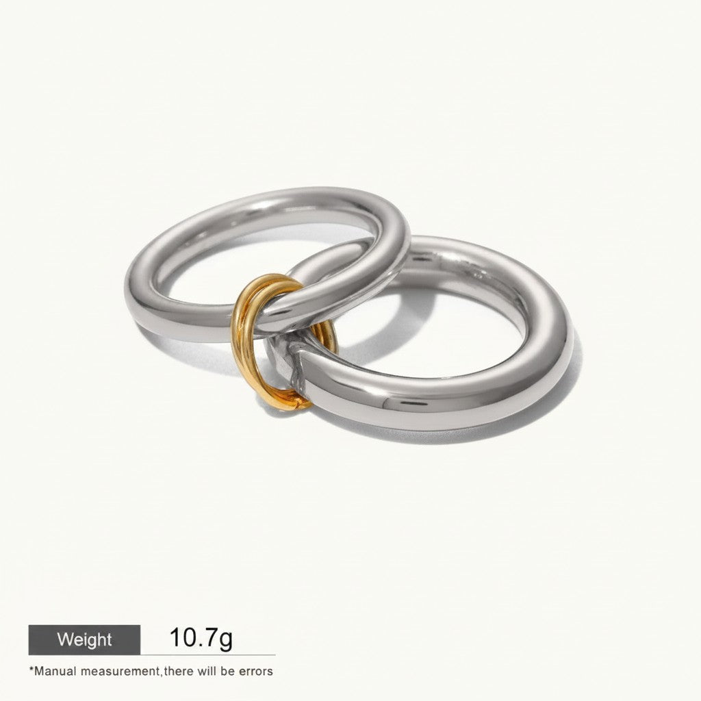 Seraphina Treasures Sybilla Ring: two-layer silver band with gold accent, glossy finish, hypoallergenic.