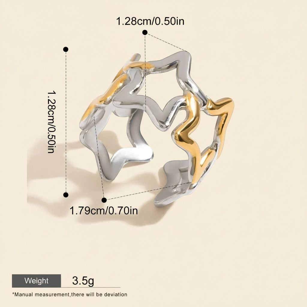 Seraphina Treasures Vespera ring with a dual-tone silver and gold open star design. Hypoallergenic and waterproof.