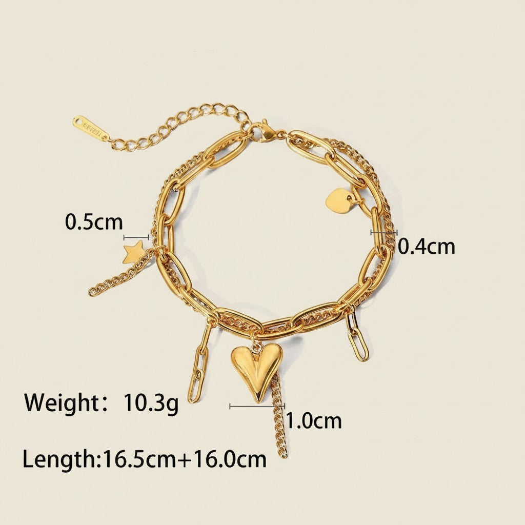 Seraphina Treasures Zorya gold-tone stainless steel bracelet with layered chains, heart and star charms.